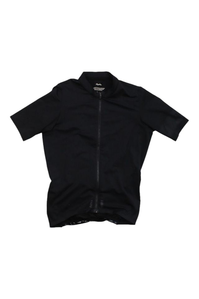 A black Men's Pro Team Midweight Short Sleeve Jersey by Rapha with a front zipper is displayed flat on a white background.
