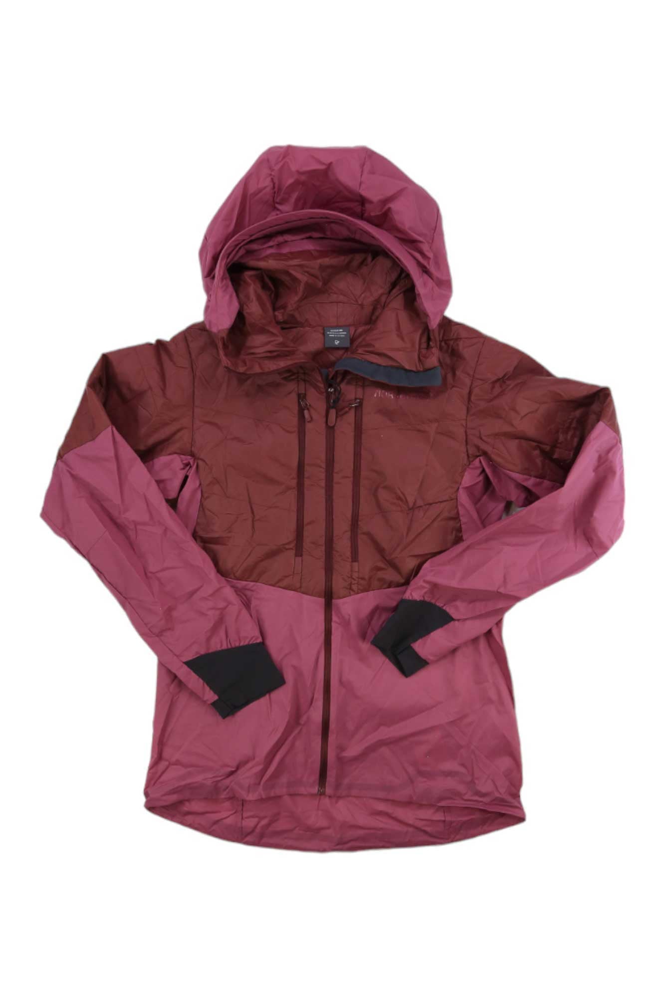 The Norrona Womens Lyngen Aero80 Insulated Zip Hood in maroon and pink features PrimaLoft Silver fill, a front zipper, two chest pockets, black cuffs, and an insulated zip hood, shown laid flat on a white background.