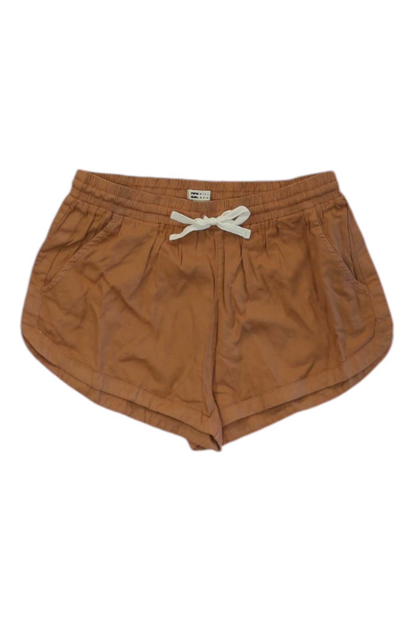 The Billabong Women's Road Trippin' Short in light brown features an elastic waistband, white front tie, and two side pockets, shown laid flat on a white background.