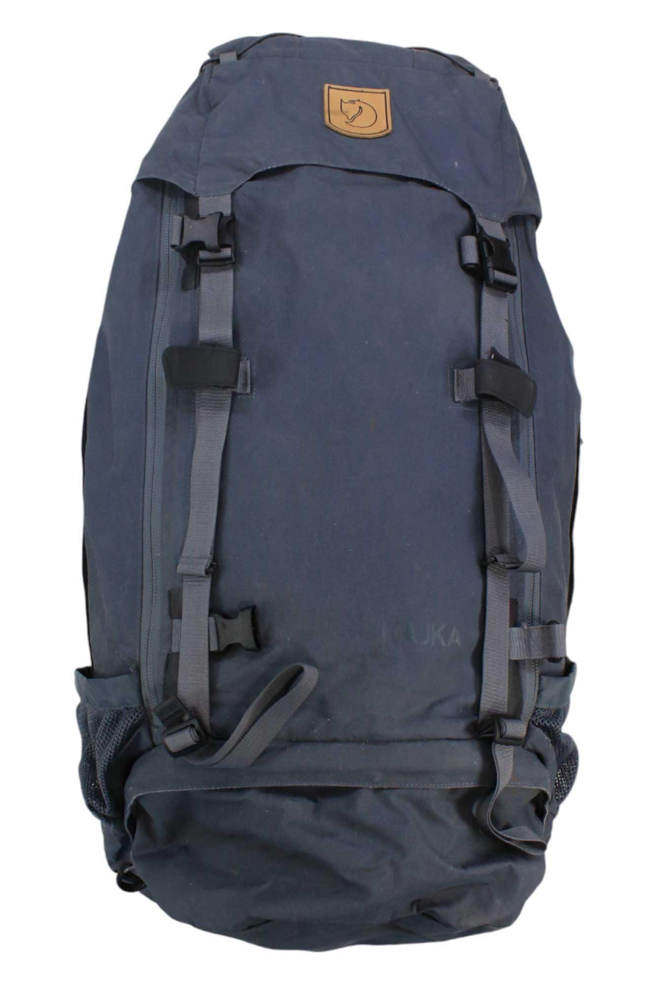 Hiking backpack with Fjallraven logo patch, front straps and buckles, dark navy.