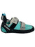 Women’s climbing shoe with turquoise upper, black toe, and strap buckle, side view