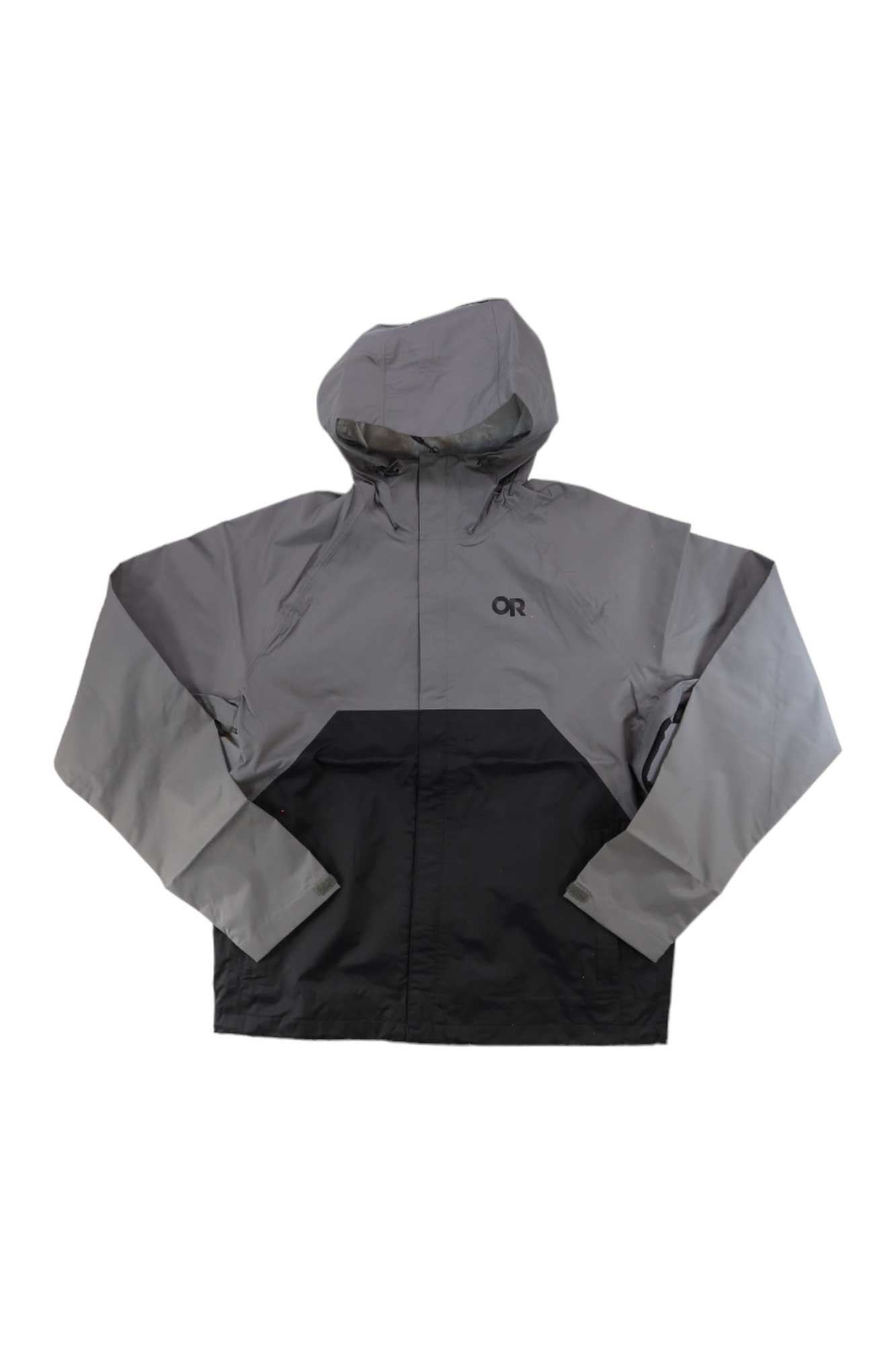 The Outdoor Research Men's Apollo Jacket, shown on a white background, is a gray and black waterproof hooded jacket with long sleeves, front zipper, and OR logo—perfect for mountain biking.