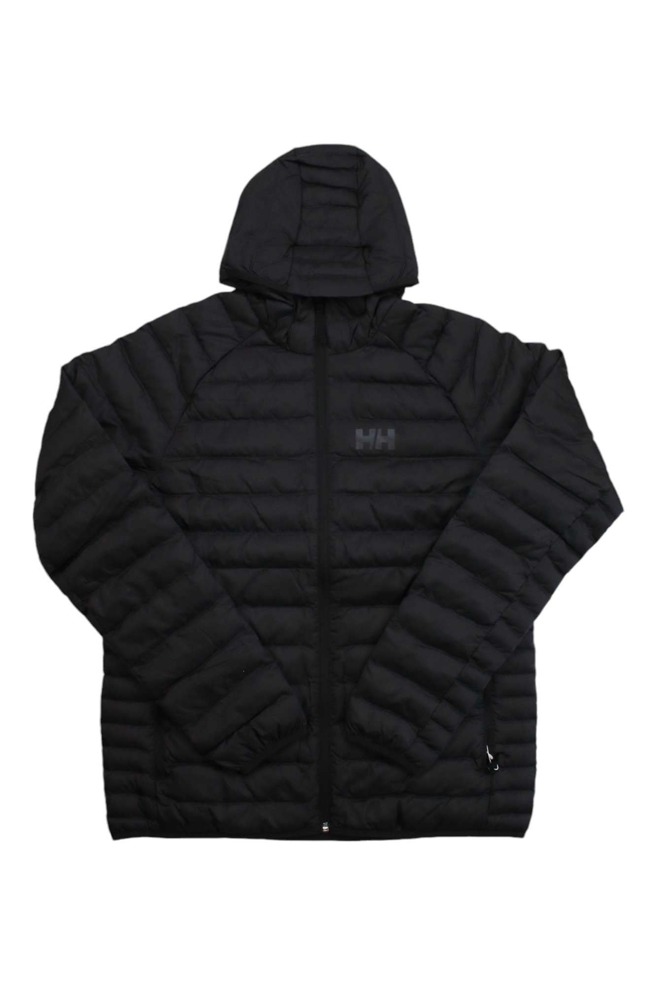 The Helly Hansen Men's Banff Insulator Hooded jacket, black and quilted with synthetic insulation, hood, and front zipper, is displayed flat on a white background. The HH logo appears on the left chest.