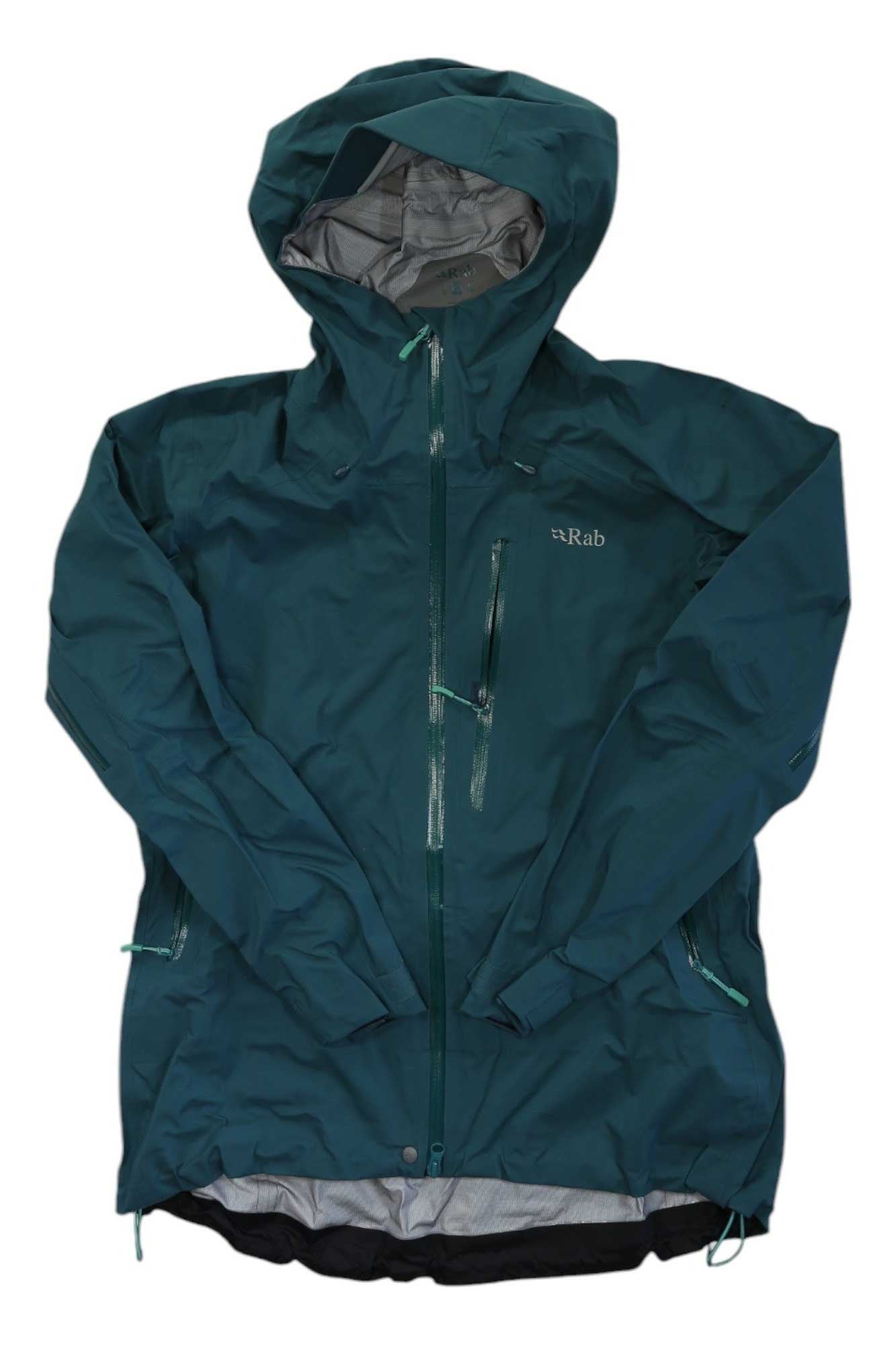 The Rab Womens Firewall Jacket, shown flat, is a teal waterproof breathable outdoor jacket with zippered chest and side pockets, gray inner lining, and Rab logo on the left chest.