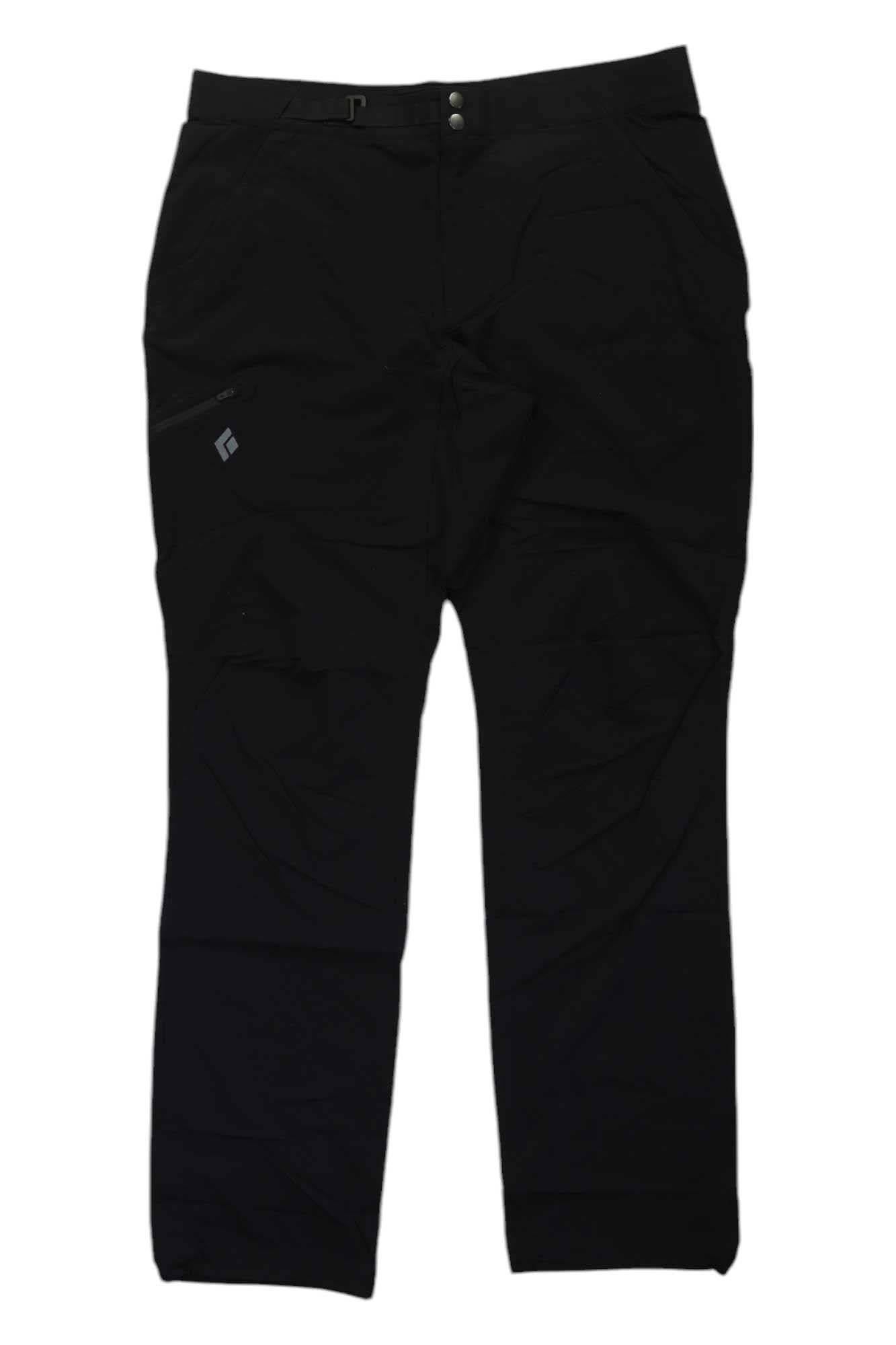 Black Diamond Mens Technician Pro Alpine Pant in black, featuring front pockets, button closure, and a small logo on the left thigh; laid flat on a white background—ideal for mountaineering adventures.
