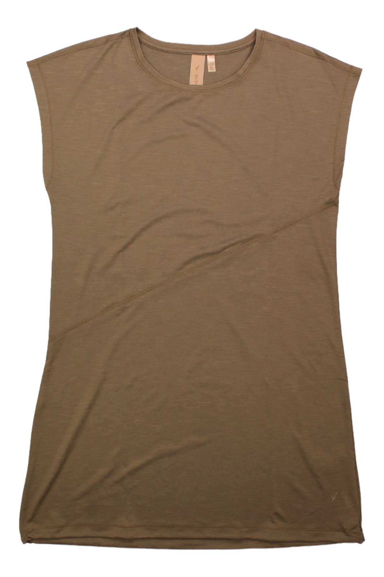 A khaki short-sleeved t-shirt with a round neckline and subtle diagonal front seam is laid flat on a white background—ideal for pairing with the Indyeva Womens Vivaz Dress.