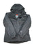 A dark gray Men's Rural Mountain II Interchange Jacket by Columbia with Omni-Heat, hood, zippered chest pocket, elastic cuffs, and visible brand logos is laid flat with sleeves crossed over the front.