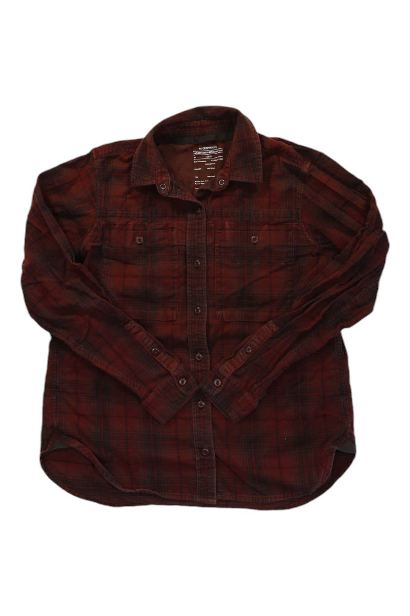 Women's flannel shirt, burgundy red plaid with button-front and chest pockets