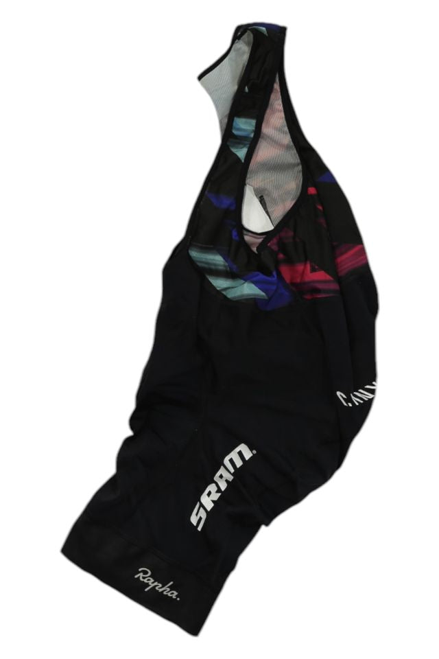 Mens Bib Shorts in black with colorful geometric accents, featuring white SRAM and Rapha logos on the leg. Made from lightweight, form-fitting fabric for athletic performance—ideal cycling apparel for men on any ride.