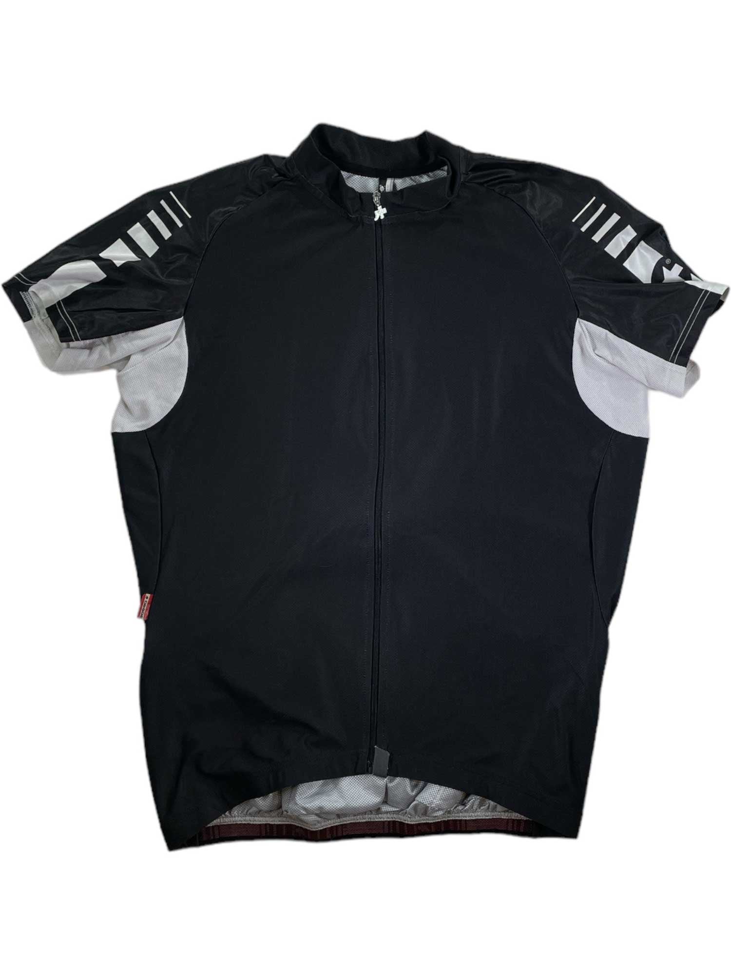 The Short Sleeve Cycling Jersey features a black base, full front zipper, gray side panels, and white geometric stripe accents on the sleeves. Displayed on a white background, this breathable jersey ensures comfort on every ride.