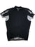 The Short Sleeve Cycling Jersey features a black base, full front zipper, gray side panels, and white geometric stripe accents on the sleeves. Displayed on a white background, this breathable jersey ensures comfort on every ride.