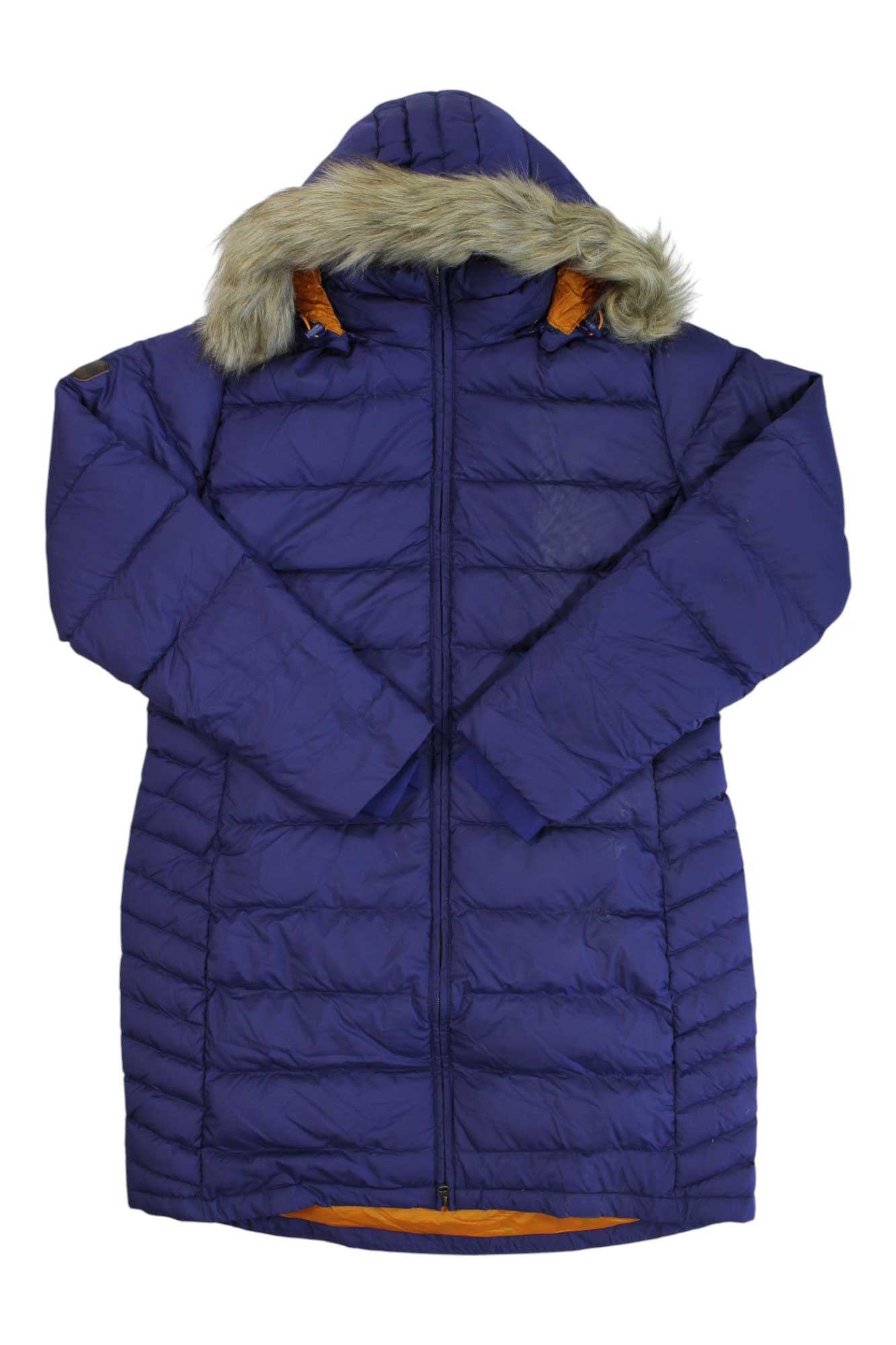The Rab Womens Deep Cover Parka is a long, puffy insulated coat in dark purple, featuring a zip front, crossed sleeves, and a hood with light brown faux fur trim—ideal for cozy winter wear.
