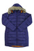 The Rab Womens Deep Cover Parka is a long, puffy insulated coat in dark purple, featuring a zip front, crossed sleeves, and a hood with light brown faux fur trim—ideal for cozy winter wear.