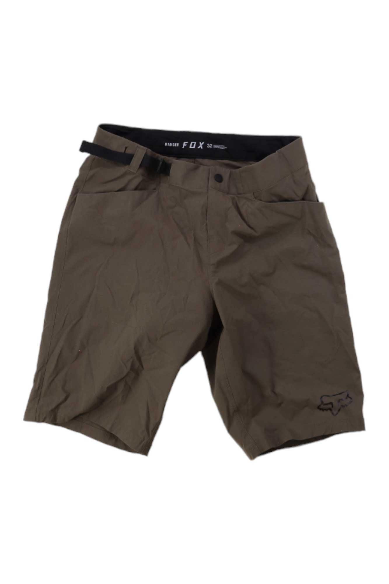 The Fox Mens Ranger Lite Short features an adjustable waistband, water-resistant brown fabric, knee length, and a small FOX logo on the left leg—ideal for mountain biking adventures.