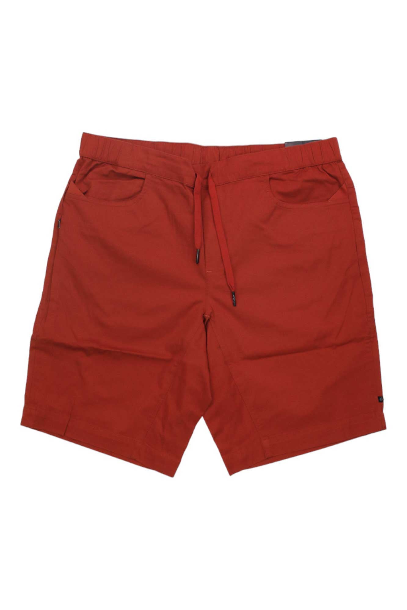 The Black Diamond Men's Notion 11 Inch Short in red, made from organic cotton, features an adjustable elastic waistband with drawstring and front pockets, shown laid flat on a white background.