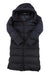 Womens down parka with attached hood, dark quilted coat and center-front zipper