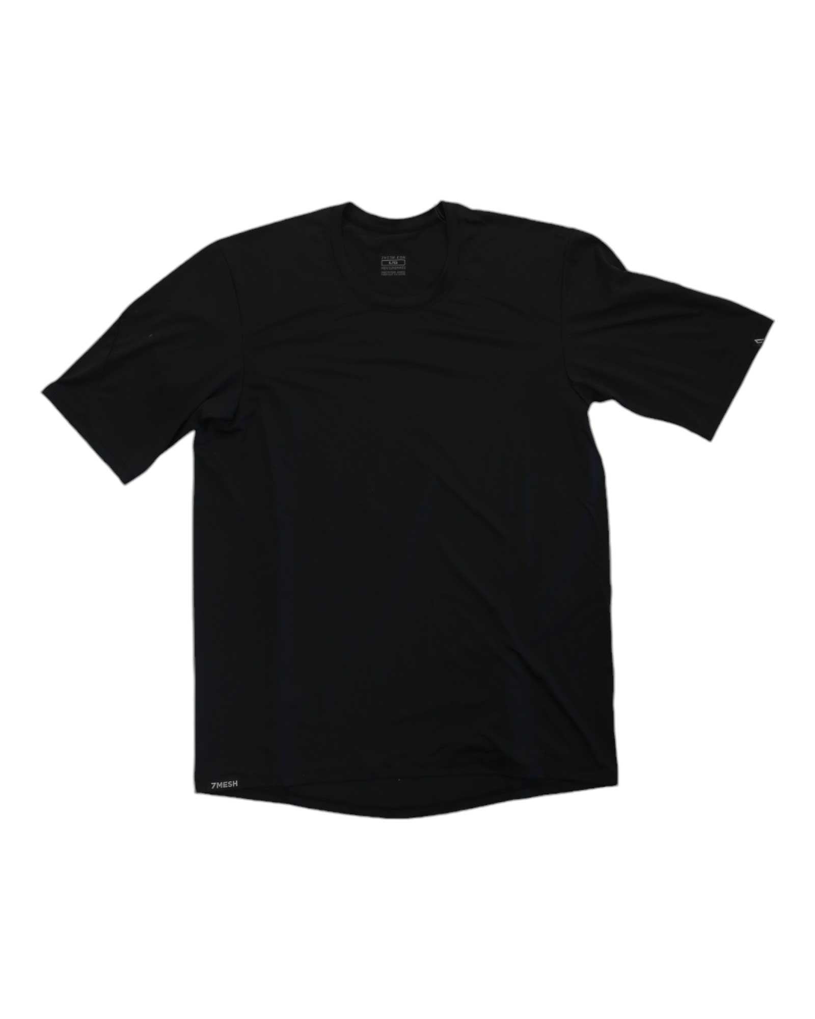 The 7mesh Men's Sight Short Sleeve Shirt, shown in plain black and laid flat on a white background, offers sun protection and moisture-wicking performance—ideal for active days.