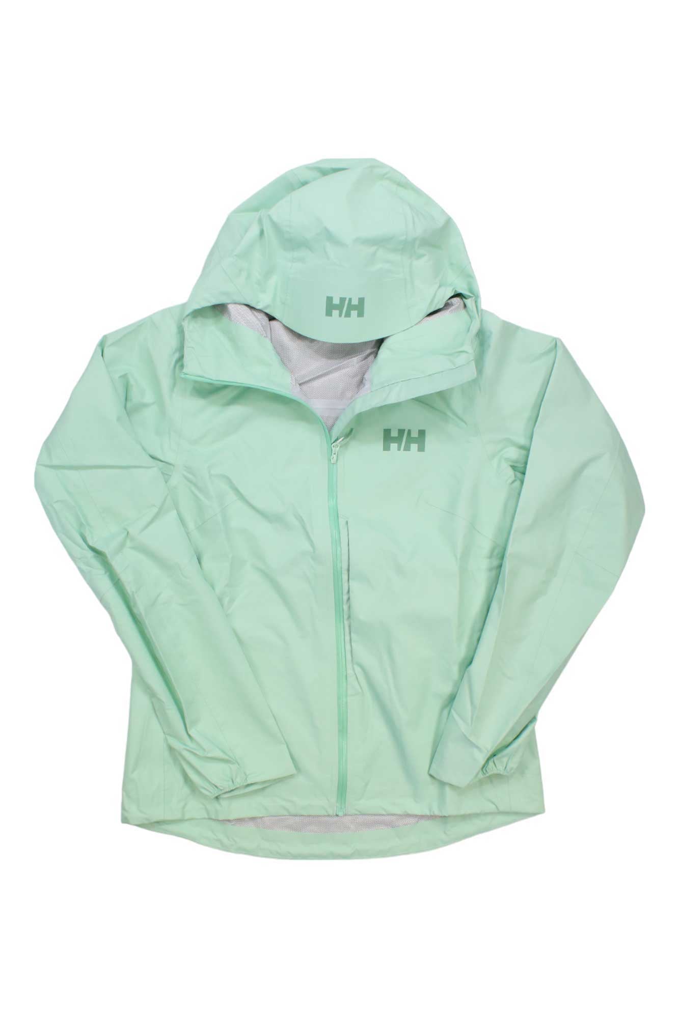 A light green Helly Hansen Womens Verglas Micro Shell Jacket with front zipper, long sleeves, and HH logos on the left chest and upper right. The waterproof jacket is displayed flat on a white background.