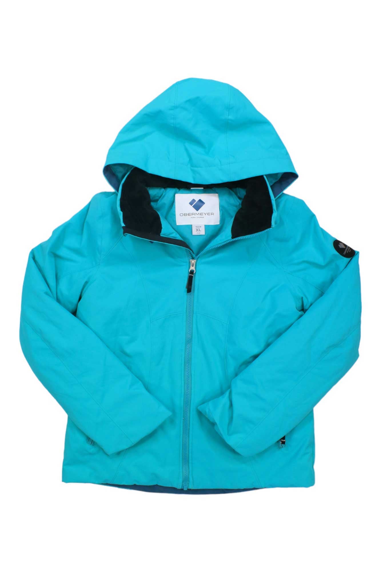 The Obermeyer Girls Rylee Jacket in bright turquoise features a hood, front zipper, long sleeves, and black inner collar—ideal for kids as an outdoor or ski jacket. Displayed on a white background.
