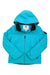 The Obermeyer Girls Rylee Jacket in bright turquoise features a hood, front zipper, long sleeves, and black inner collar—ideal for kids as an outdoor or ski jacket. Displayed on a white background.