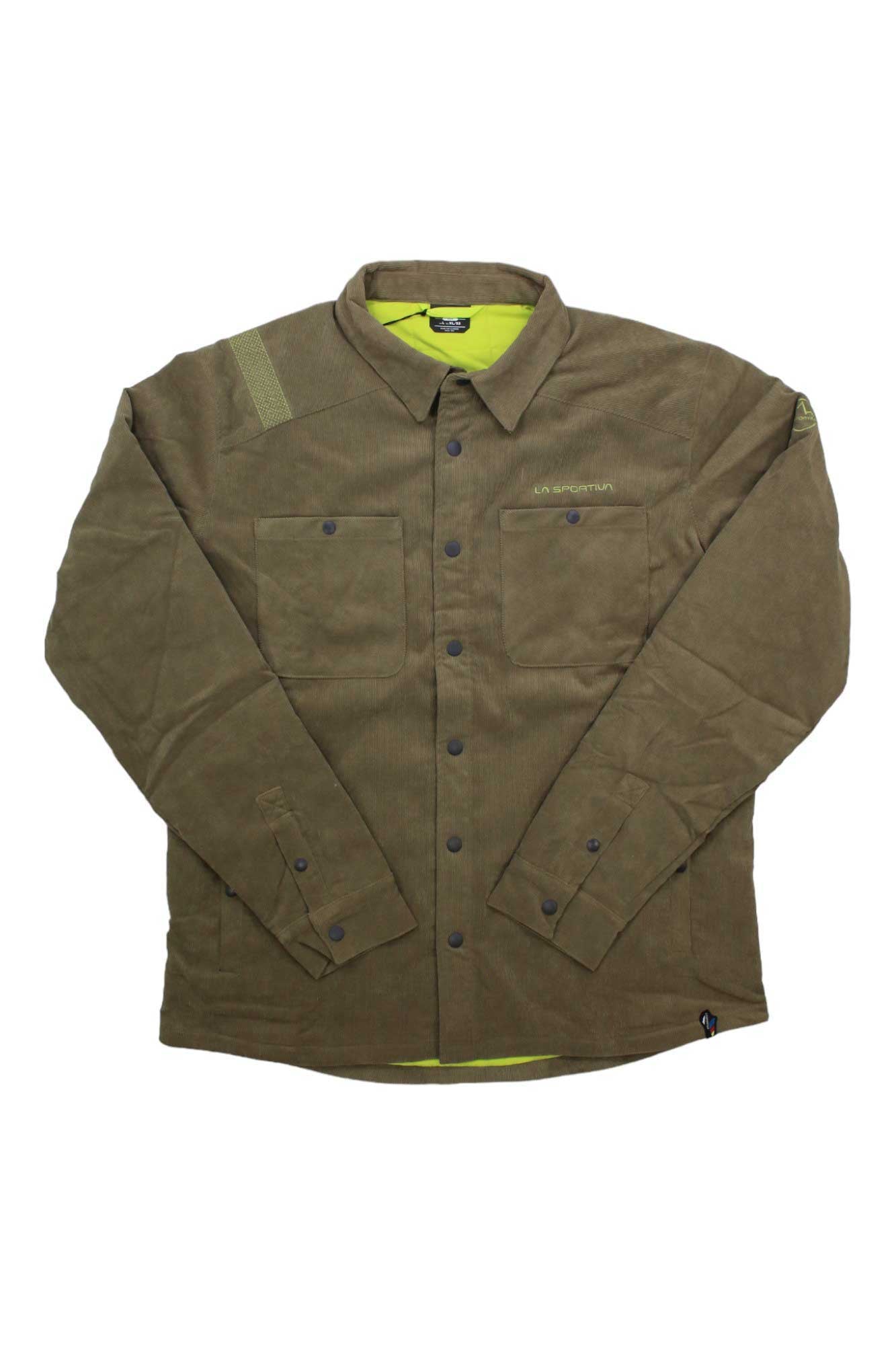 The La Sportiva Mens Setter Shirt Jacket is a brown corduroy shacket with long sleeves, two chest pockets, black buttons, and a collar. It features a bright yellow-green lining that's subtly visible at the collar and hem—great for layering on cool days.