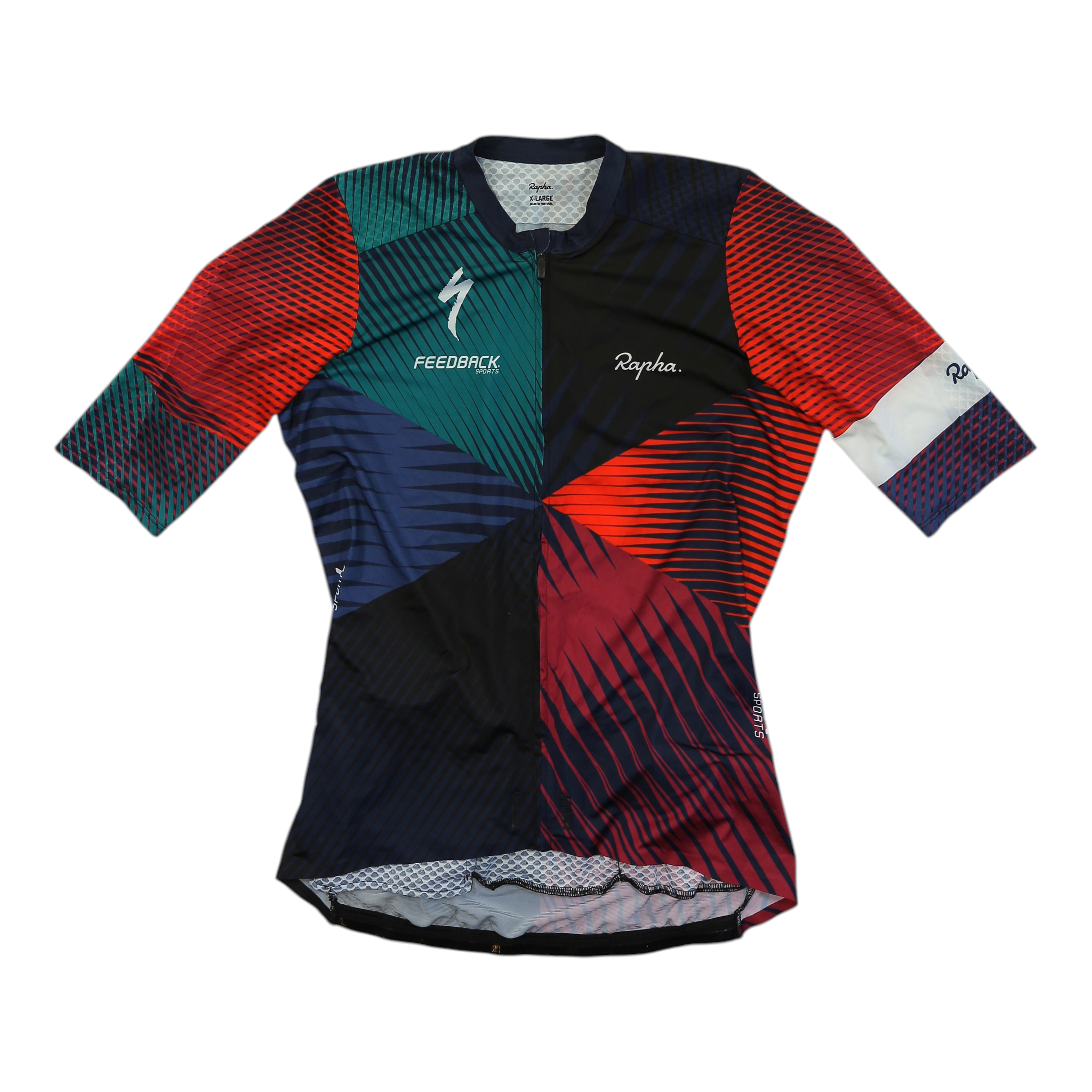 Women’s Rapha Pro Team Aero cycling jersey, black with red blue green geometric panels, full zip