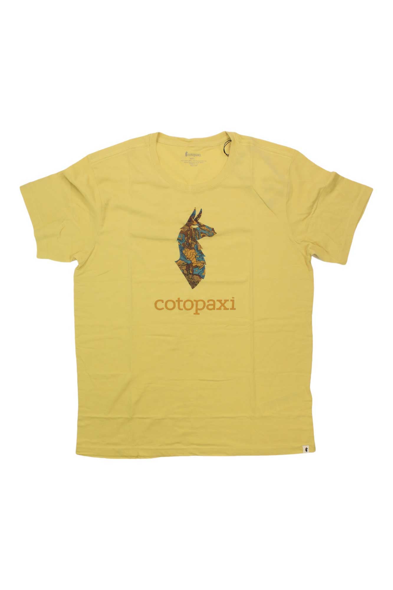The Cotopaxi Mens Altitude Llama Organic T-Shirt is a yellow top with a colorful llama head graphic above "cotopaxi" on the front, made from soft organic cotton and recycled materials.
