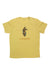 The Cotopaxi Mens Altitude Llama Organic T-Shirt is a yellow top with a colorful llama head graphic above "cotopaxi" on the front, made from soft organic cotton and recycled materials.