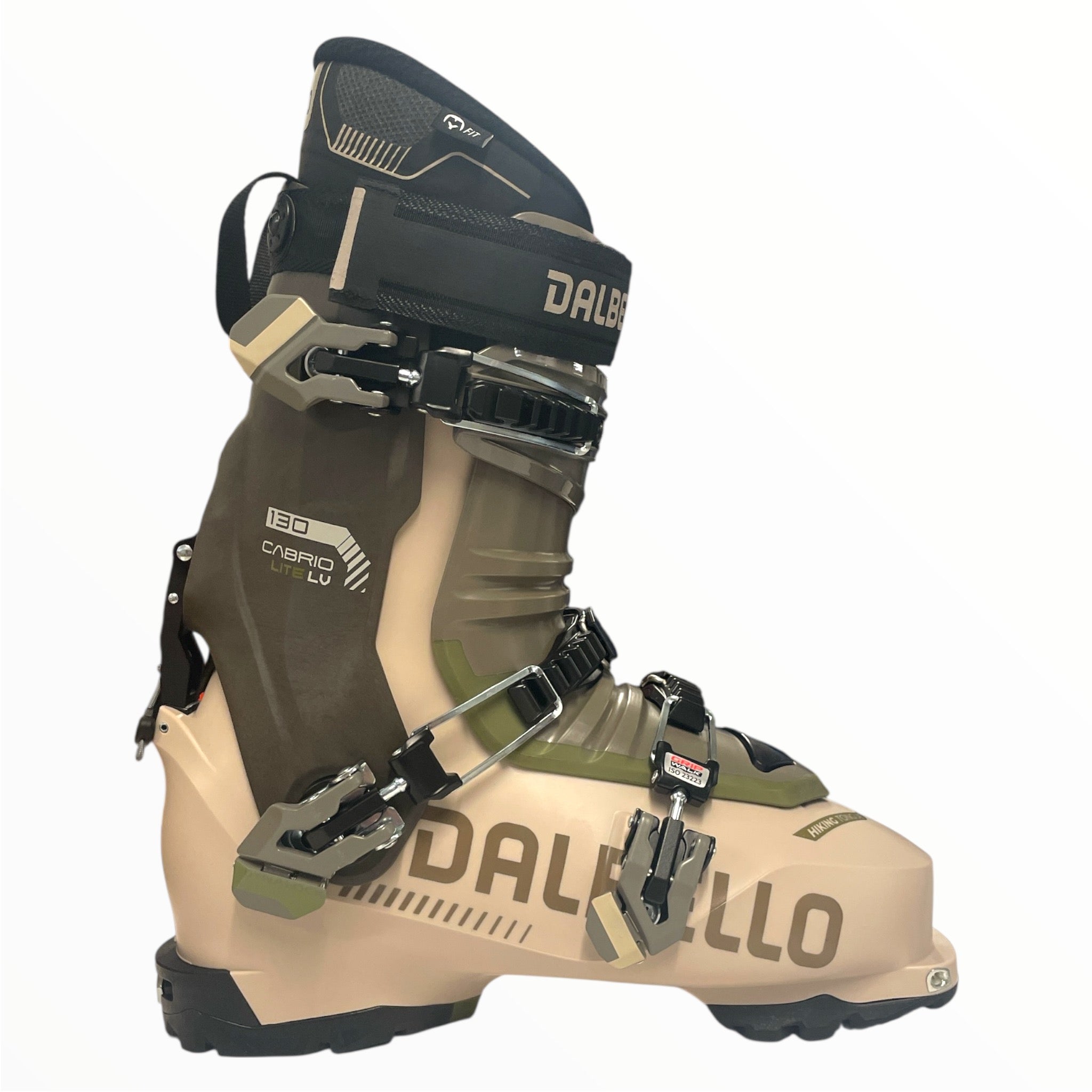 The Dalbello LV Cabrio Free 130 Lite IF Ski Boot in beige, brown, and olive features multiple metal buckles, a black power strap, and the Dalbello logo on the side, shown against a plain white background.