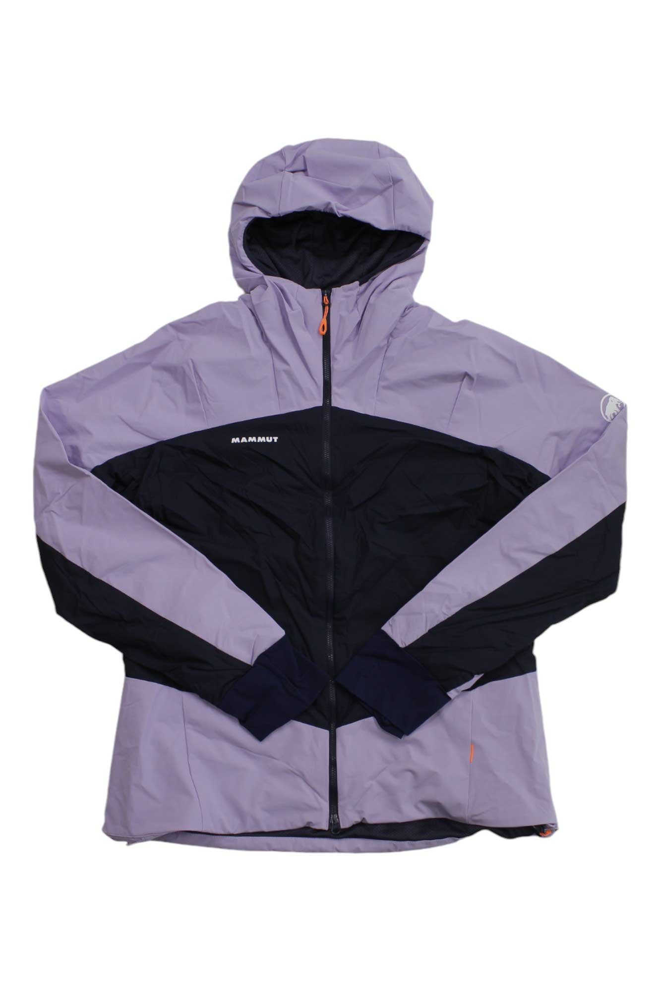 The Mammut Womens Taiss IN Hybrid Hooded Jacket is a light purple and black hooded jacket with long sleeves, a full front zipper, and the Mammut logo—an ultra-light option ideal for outdoor activities and alpine conditions.