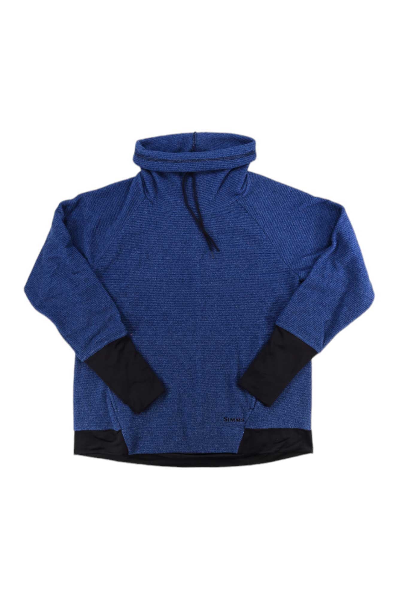 The Simms Womens Rivershed Sweater is a blue long-sleeve pullover hoodie with black cuffs, a black hem, and a drawstring cowl neck. Its moisture-wicking fabric makes it ideal for fishing and hunting adventures.