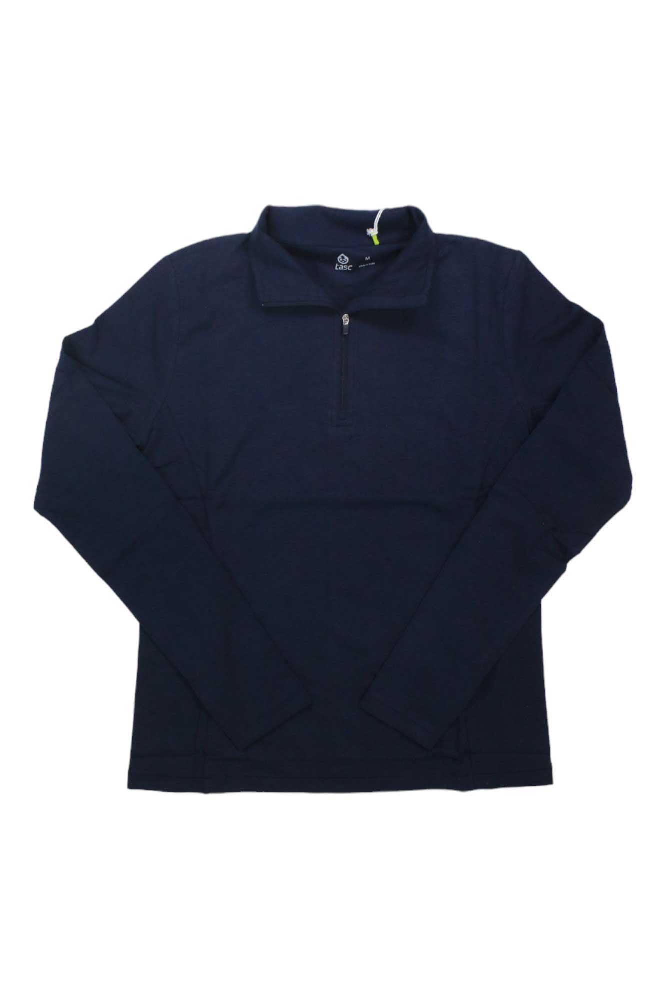 The Tasc Womens Recess 1/4 Zip Top is a navy blue long-sleeve pullover made from organic cotton, featuring a quarter-zip collar and shown laid flat on a white background.