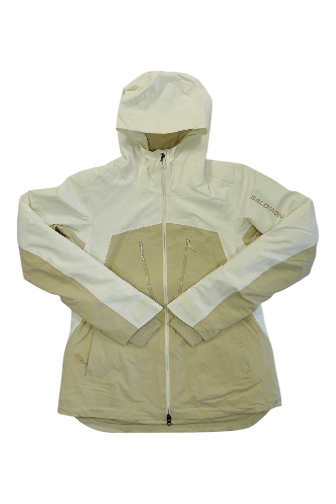 Women’s light beige hooded zip-up jacket with chest color-block panel and pockets
