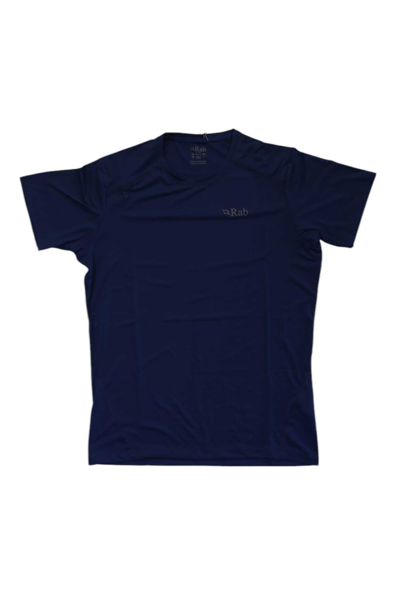 The Rab Mens Force Tee is a plain navy blue short-sleeved t-shirt with a small Rab logo on the left chest, shown laid flat on a white background. Ideal base layer for outdoor adventures.