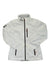 The Helly Hansen Womens Crew Midlayer Jacket is a white jacket with a high collar, black zippers, bold red zipper accents, the Helly Hansen name at the lower front, and a logo patch on the upper left sleeve.