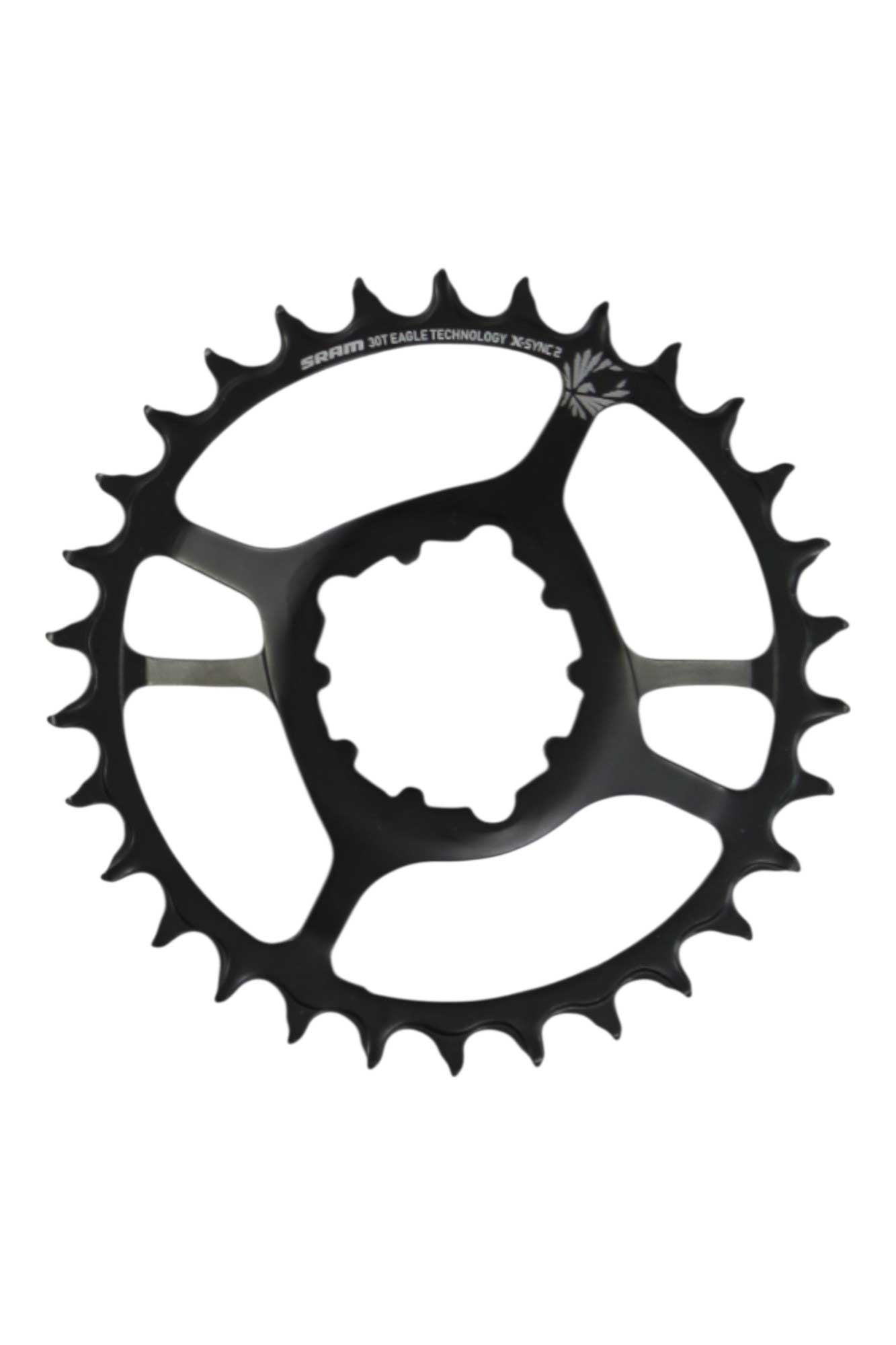 The SRAM X-Sync 2 Eagle Steel Direct Mount Chainring is a black, asymmetric narrow-wide chainring viewed from above on a white background—designed for direct mount compatibility with SRAM Eagle setups.