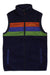 The Cotopaxi Teca Fleece Vest is navy blue with a front zipper, horizontal orange, blue, and green chest stripes, two side pockets, the Cotopaxi logo on the left, and is made from recycled materials.