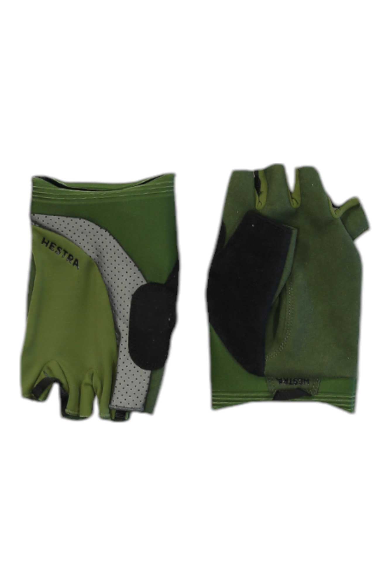 The Hestra Apex Reflective Short Glove is a green, fingerless cycling glove with black and gray accents, shown front and back on a white background. These touch-screen compatible gloves combine style and functionality for every ride.