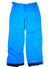 Arctic Trip Snow Pants in bright blue with waterproof fabric, front pockets, black cuff accents, built-in snow gaiters, belt loops, and button-zipper closure are shown laid flat on a white background.