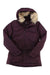 Women's hooded parka in dark maroon, front pockets and faux-fur hood trim