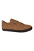 The Saola Mens Cannon Waterproof Shoe is a tan suede low-top crafted from sustainable materials, featuring matching laces, metal eyelets, a brown rubber sole, and a small black side label. Shown in profile on a white background.