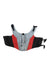 Pet lifejacket in light gray with red panels, black sides, and front buckles