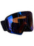 The Julbo Razor Edge Goggle features a wide, frameless cylindrical lens with blue and orange reflective tint and a black adjustable strap.
