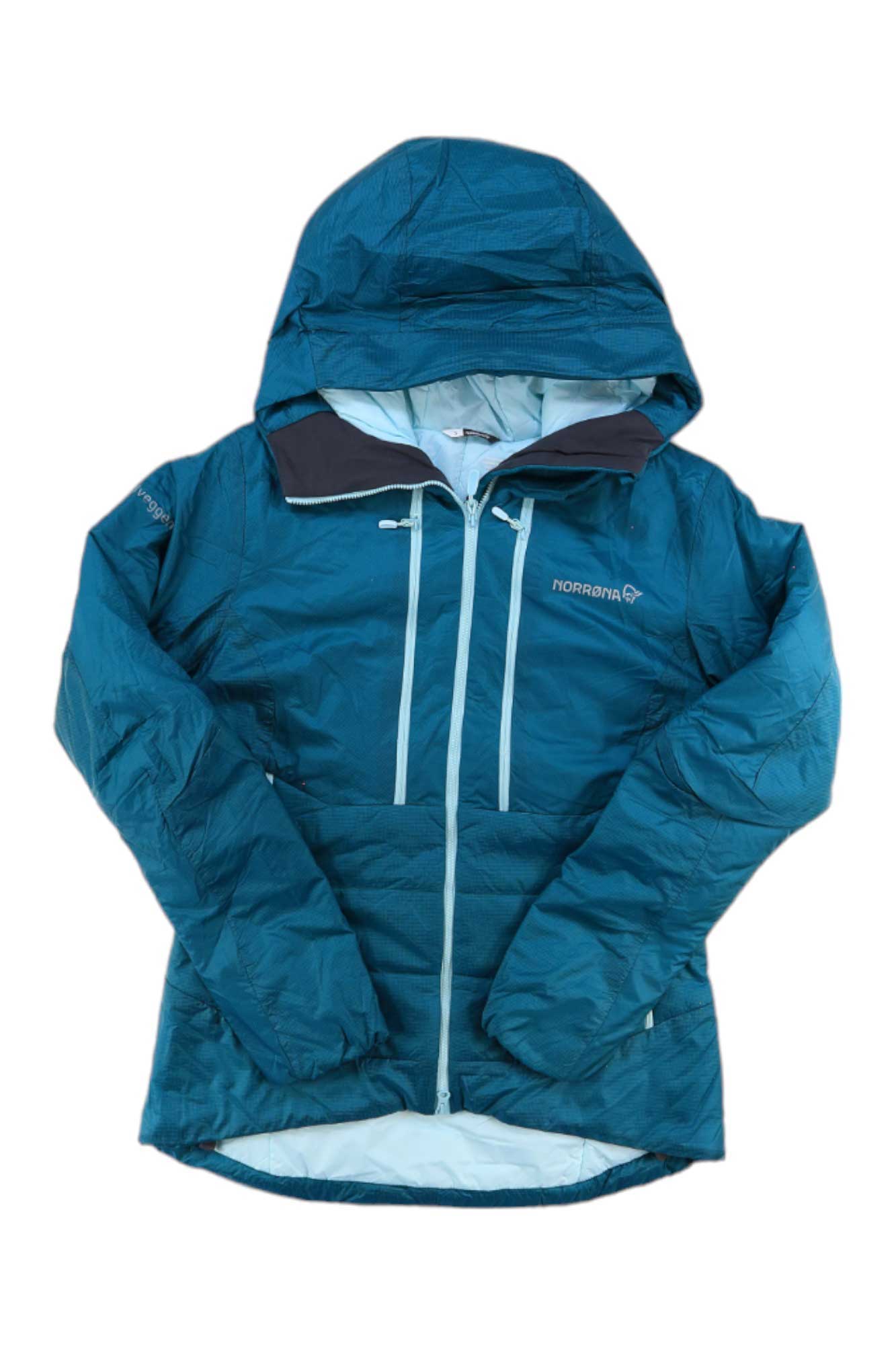Women’s hooded zip-up insulated jacket, teal/blue with white drawstring and front zip