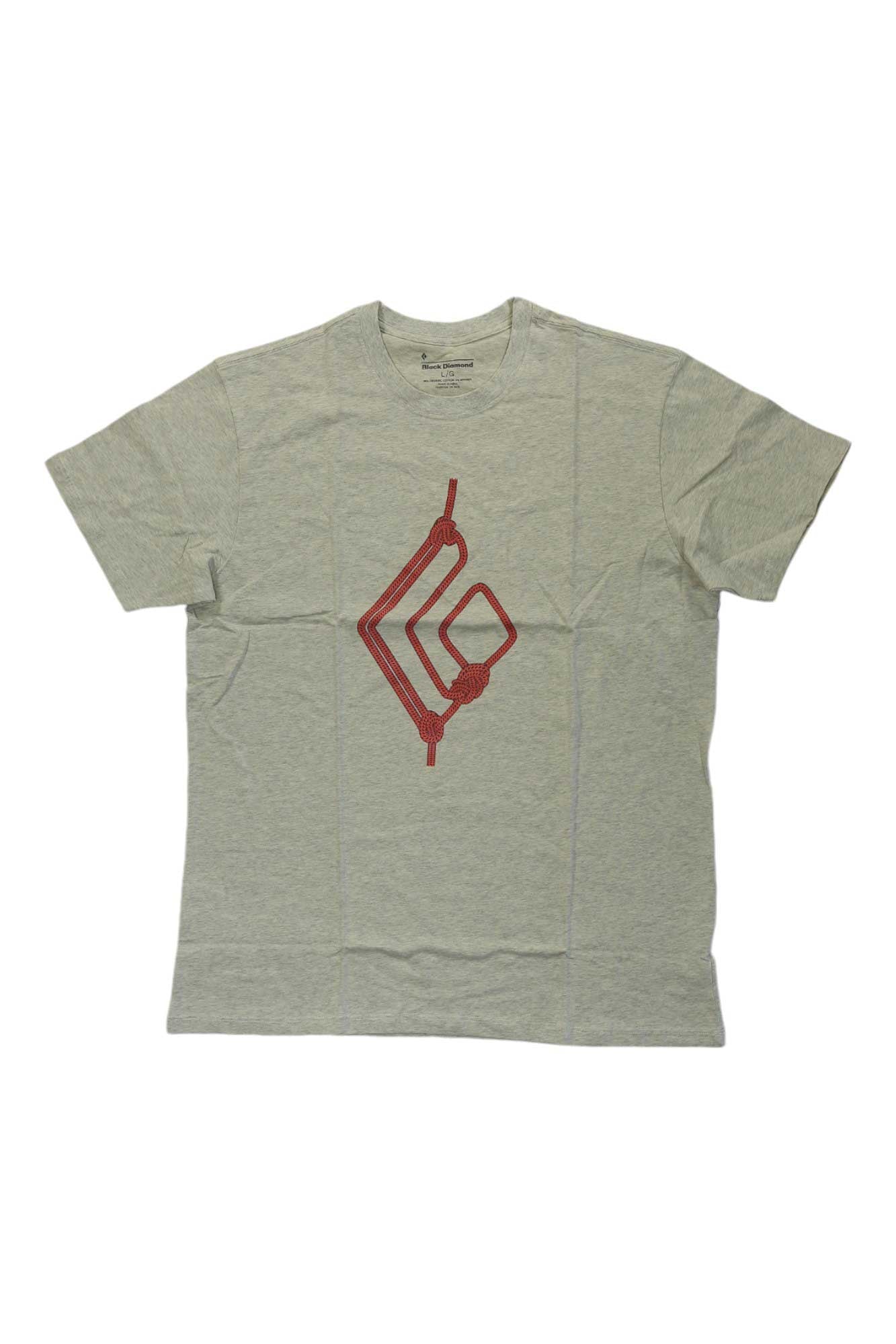 The Black Diamond Mens Rope Diamond Tee in light gray, made from organic cotton, showcases a red climbing knot graphic—ideal as a men's casual shirt.