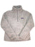 The Womens Los Gatos 1/4-Zip Fleece is a light gray, long-sleeve pullover with a stand-up collar, quarter-zip front, and a small rectangular Patagonia logo patch on the left chest. Made from textured, fluffy recycled polyester fleece.