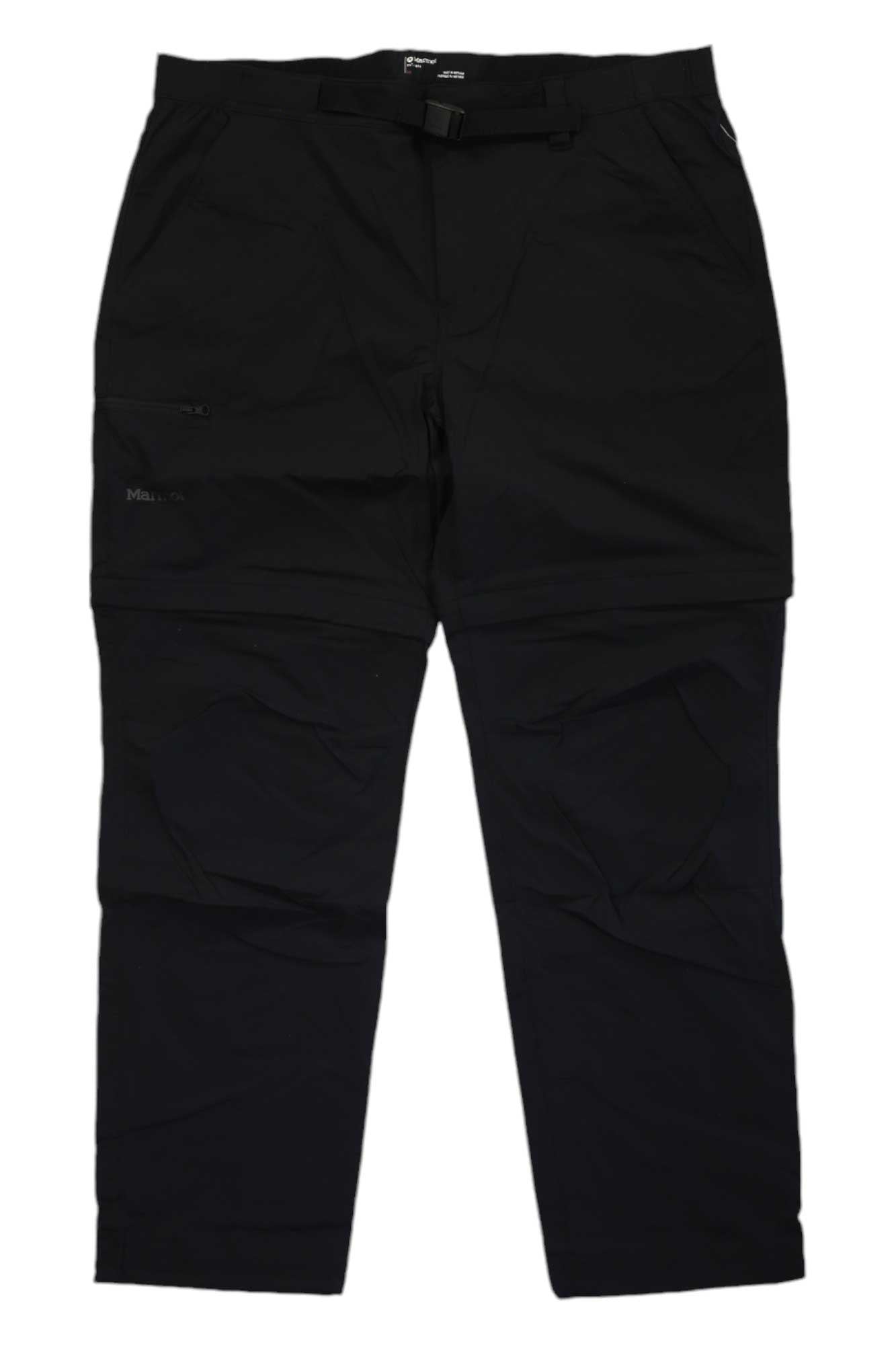 The Marmot Mens Arch Rock Convertible Pant, shown flat on a white background, features black fabric, a built-in belt, zipper pockets, straight leg cut, and offers practical style with sun protection for outdoor adventures.