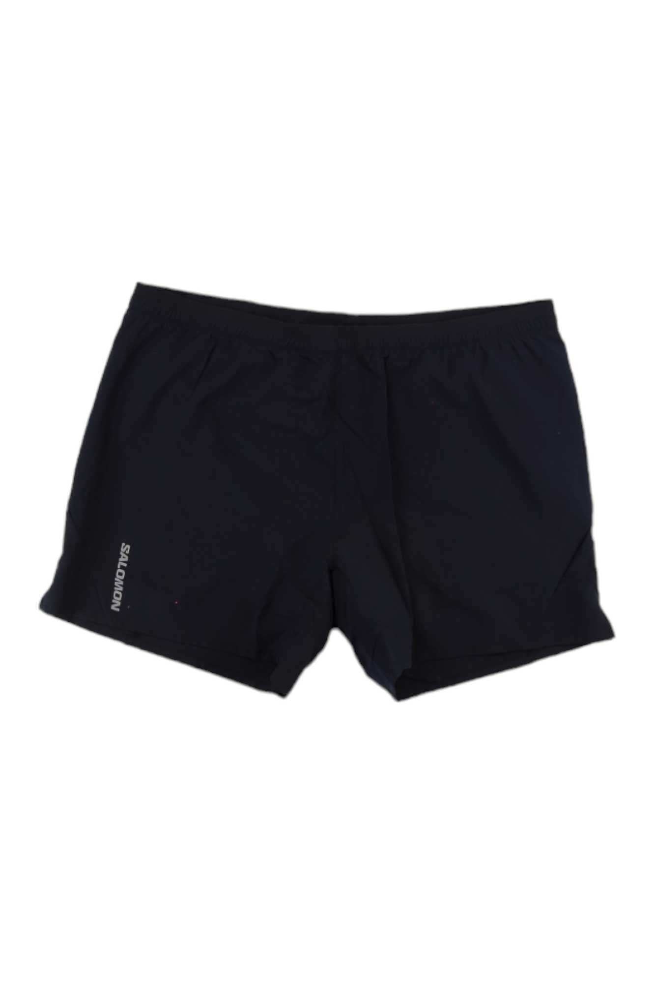Men's black 5-inch running shorts with elastic waistband and side logo