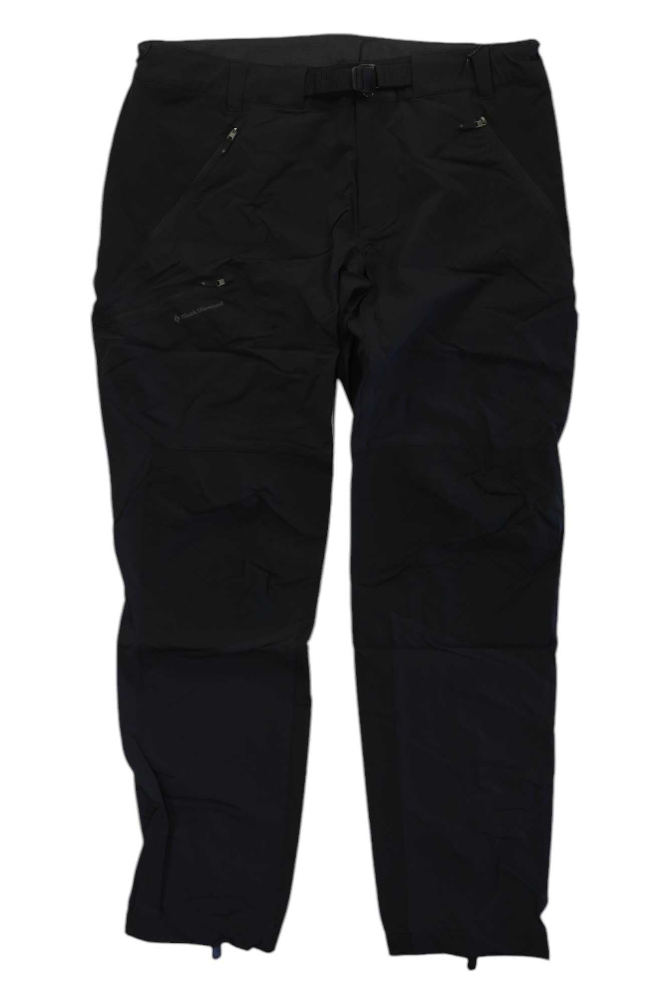 The Black Diamond Mens Swift Stretch Pant features zippered pockets, a built-in adjustable belt, and four-way stretch fabric; shown here laid flat on a white background.