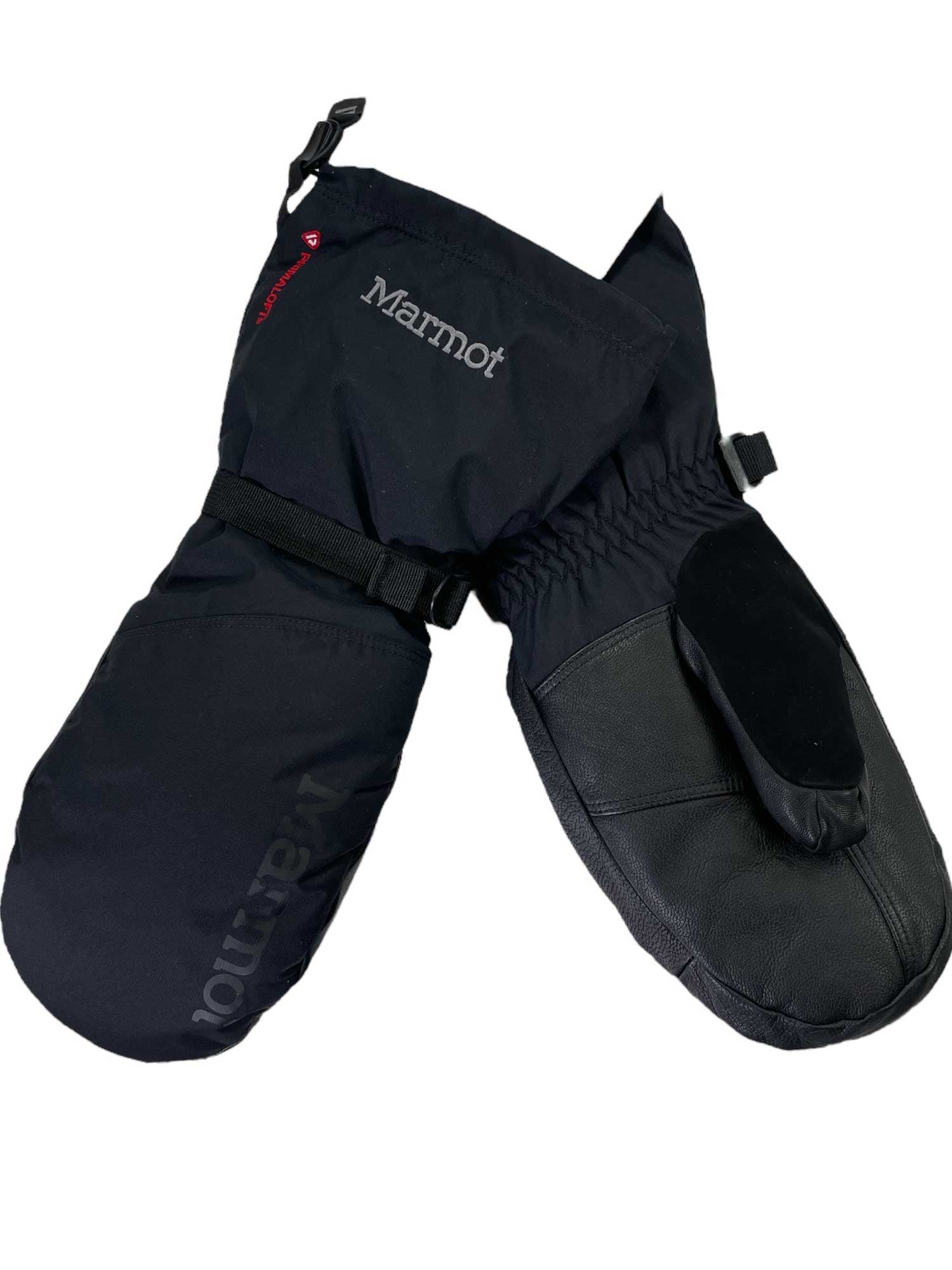 A pair of black Unisex Expedition Mitts with adjustable straps and reinforced leather palms, side by side on a white background, provide excellent cold-weather protection.